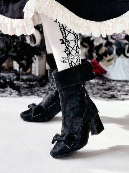 Rear High - Scalloped Foldable Lacing Cuff Elegant Black Block with Ankle Lolita Boots Heel Edging