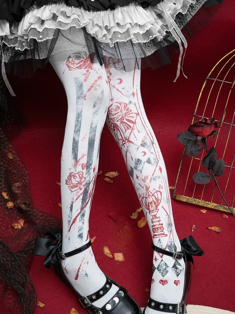 Asymmetrical Floral Design Print White/Blue/Red Tights Gothic