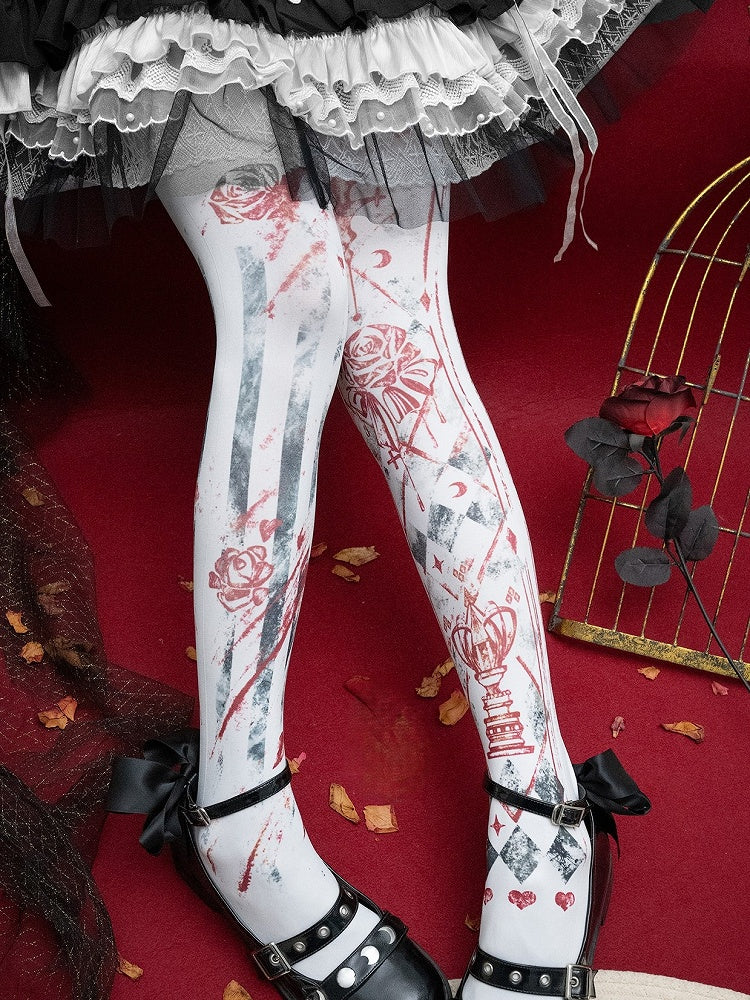 Floral Design Asymmetrical Print White/Blue/Red Gothic Tights