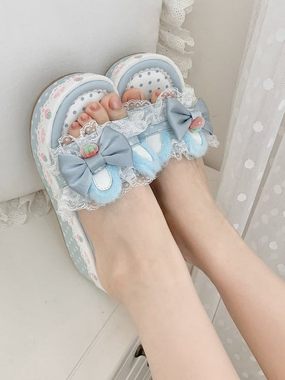 Lolita Trim Bunny Accents Blue Bow Lace Sweet Platform Plush Slippers Ear