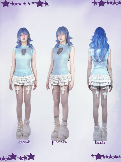 Cross Metal Skort with Cross Charms White Elastic Waist Tiered Embellished Ruffles