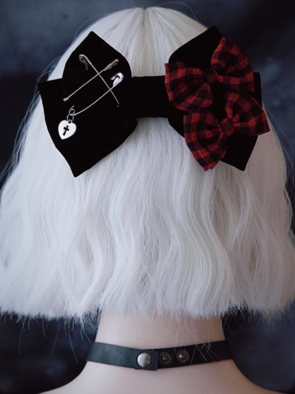 Bowknot Clip Plaid Red And Bowknots Black Pins Double Details With Pattern
