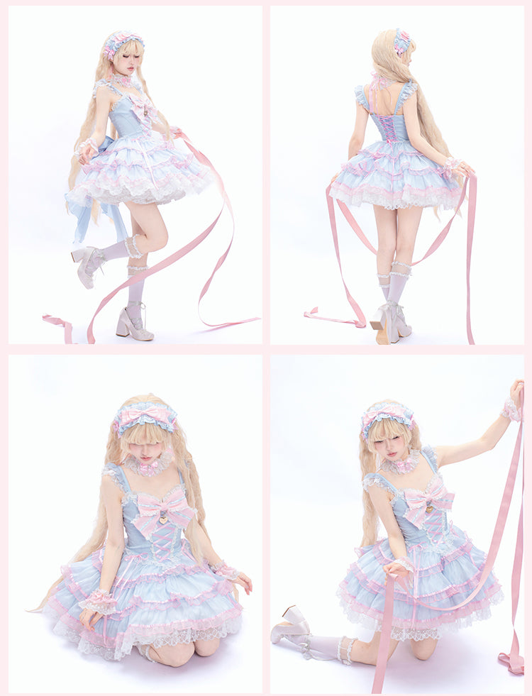 Haarband mit Rüschenakzenten, Rosa, Blau und Schleife, Lolita