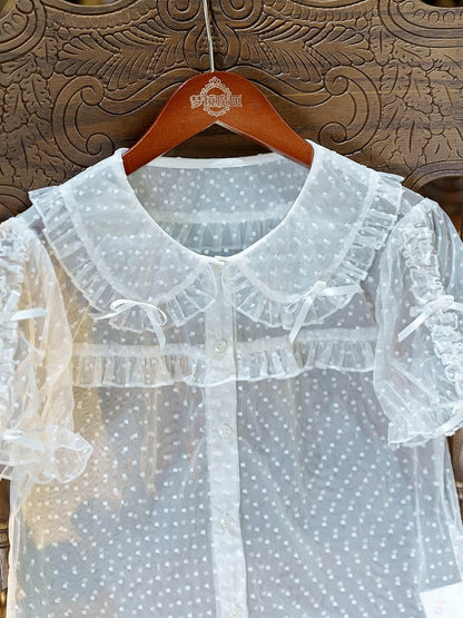 White Peter Pan Collar Polka Dot Sheer Tulle Top - Dream Magic Box