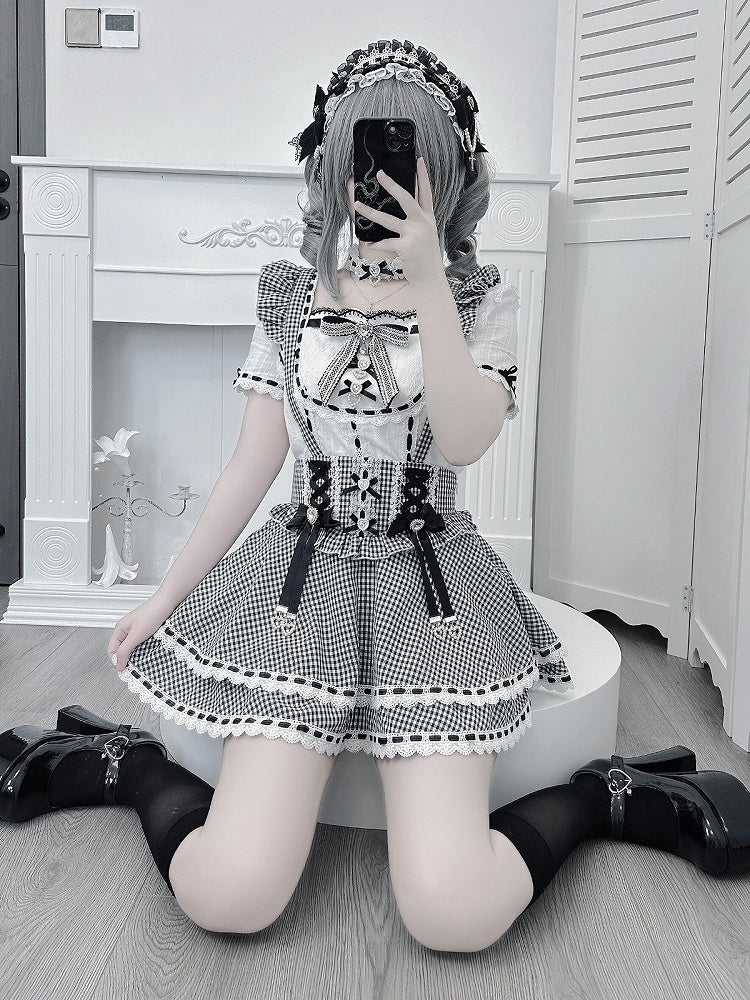 Black White Gingham Jirai Kei Overall Skort with Bow Lace Details - Broken Bear