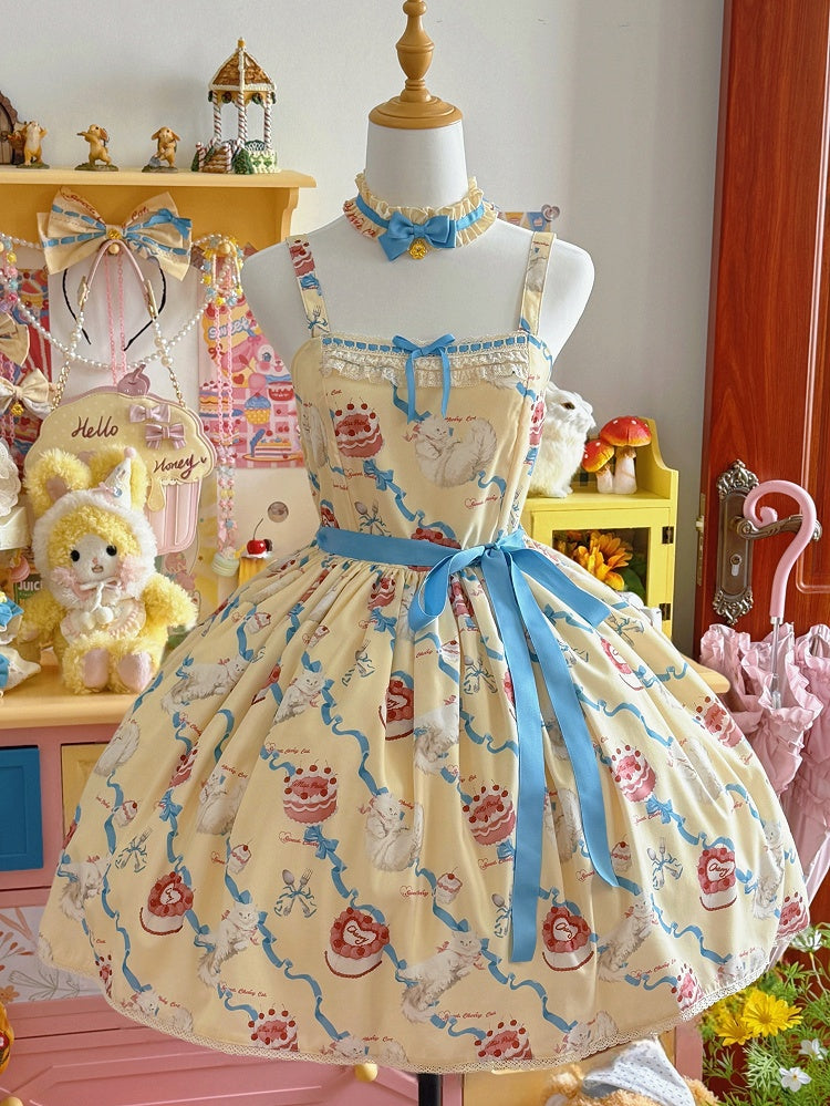 Süßes Lolita-Kleid, süßer Showa-Pullover, gelber Kitty-Creme-Print-Rock, flauschig