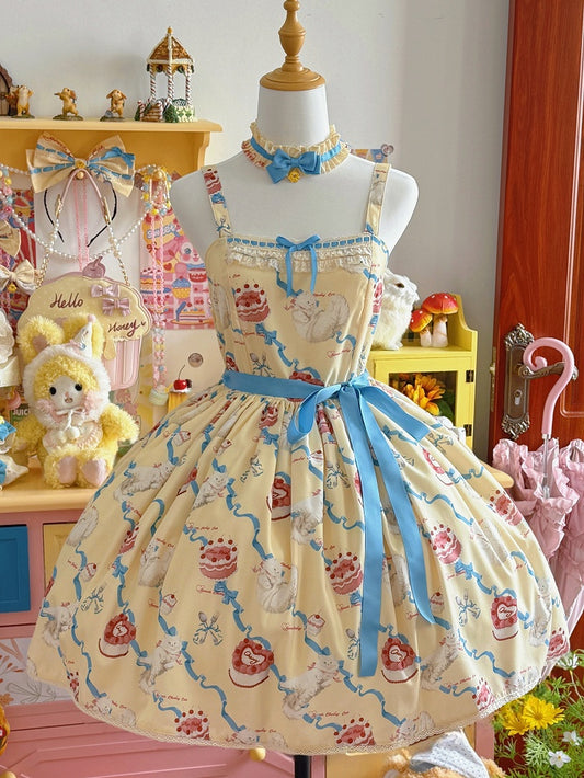 Süßes Lolita-Kleid, süßer Showa-Pullover, gelber Kitty-Creme-Print-Rock, flauschig