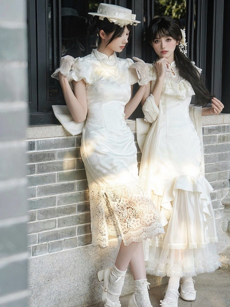 Butterfly Qi Panel Qipao Lace Hem Lolita Jacquard Banded Slit Side Dress Collar
