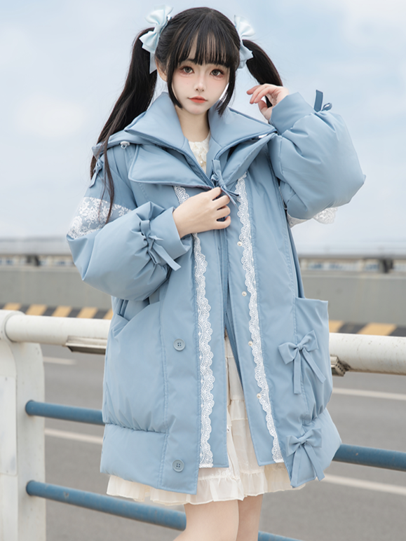 Accents Padded Bow Jacket with Blue Hooded Lace-Trimmed