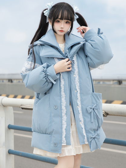Accents Padded Bow Jacket with Blue Hooded Lace-Trimmed