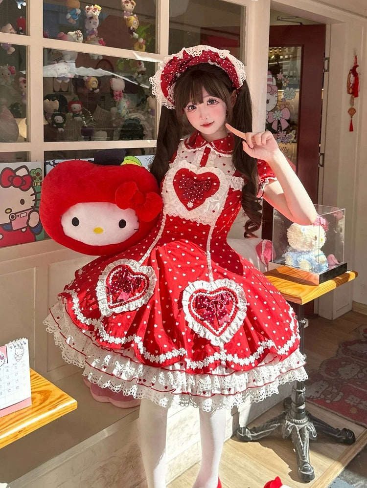 Lolita Dot Sweet Polka Sweetheart Dress Accents with Heart White Applique Red Bow