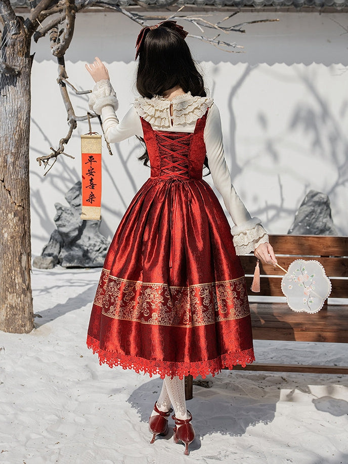 Bust Under New Bow + Long Gold KC Year Beige Version Lolita Top Red Knit JSK