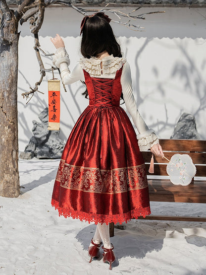 Bust Under New Bow + Long Gold KC Year Beige Version Lolita Top Red Knit JSK