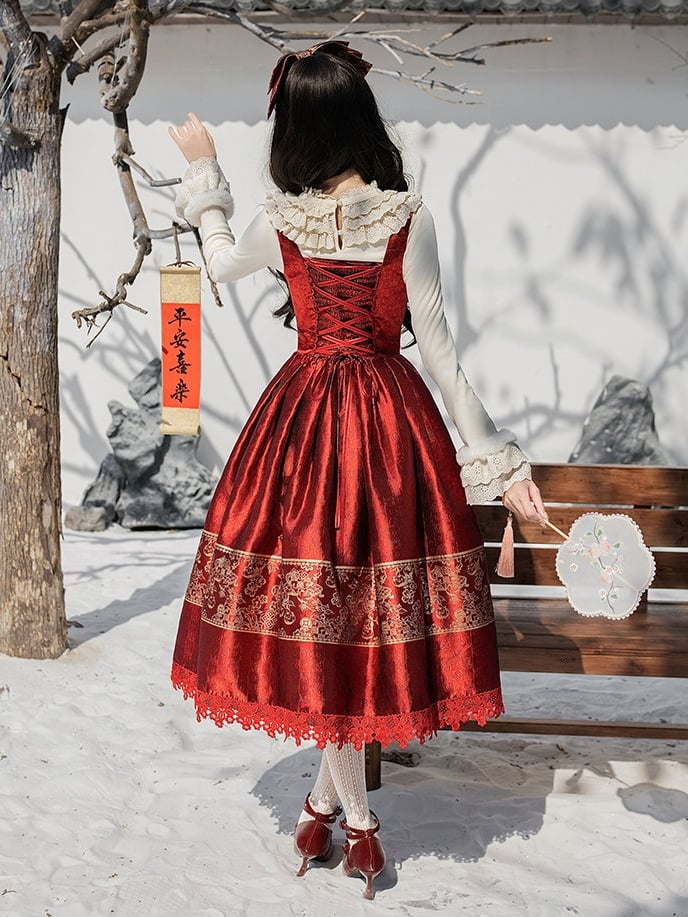 New Boned Red Chinoiserie Version Dress Under Year Lolita Long Waist Bust Gold