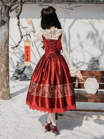 New Boned Red Chinoiserie Version Dress Under Year Lolita Long Waist Bust Gold