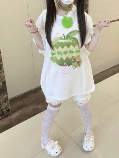Green Apple Print White Round Neck Cotton T-Shirt Apple Choker Free with