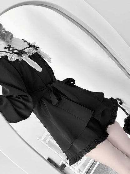 Schwarz-weißes Kei-Minikleid mit Ohrenschleife, Shorts mit Rüschensaum, Jirai und Rückenschnürung, Matrosenkragen, Hasen-Design-Set