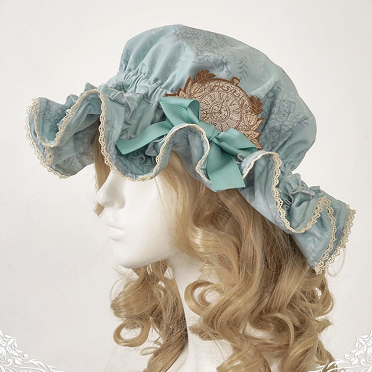 Lolita Floral with Blue/Brown/White/Light Ruffled Hat Brown Pattern Bow