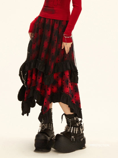 Y2K Red Plaid Pattern Asymmetrical Ruffled Hem Skirt