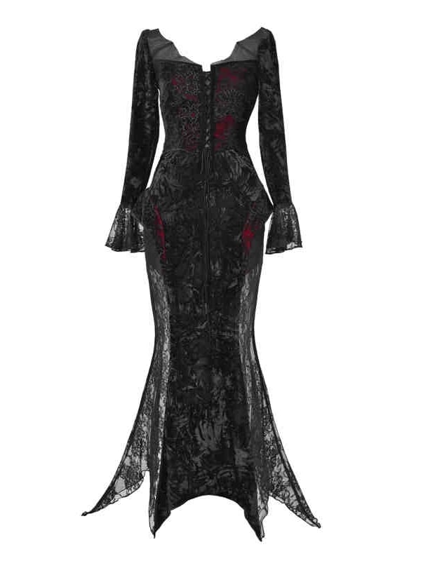 Flügel Romantischer Samt und geformter Spitzenausschnitt Fledermaus Vampirkleid Goth Meerjungfrau