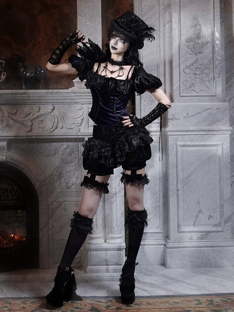 Straps Sleeves Adjustable Cross Top with Goth-Style and Shoulder Slim Puff Glittery Open Back Cut