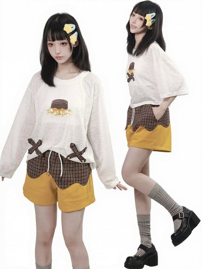 Caramel Pudding Yellow and Brown Plaid Drawstring Shorts - PINK SAVIOR