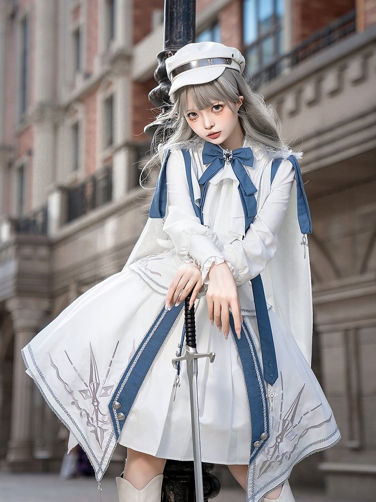 Military Lolita 3-Piece Set with Corset Belt – Top, Skirt and Belt, White and Blue (Xiong Dou Jiang)