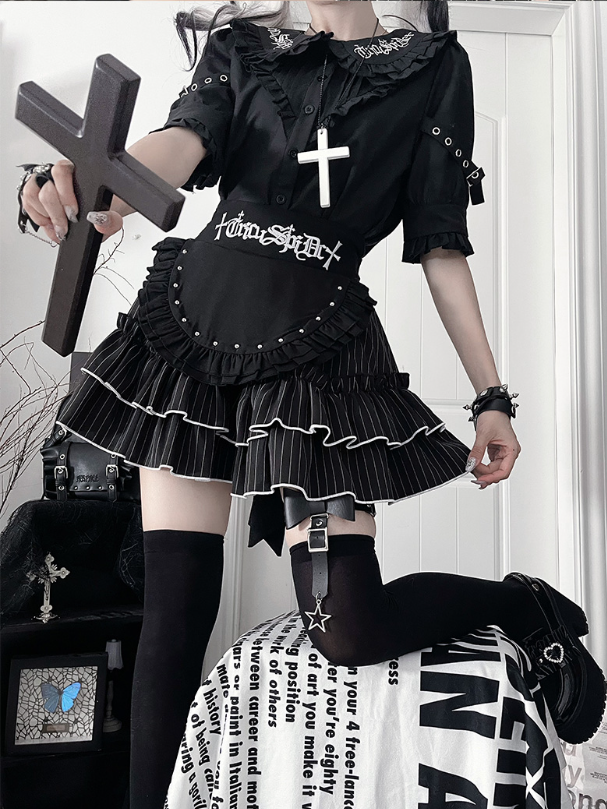Collar Black Short Pan Buckle Gothic Blousewith StrapsRuffled Sleeve Peter