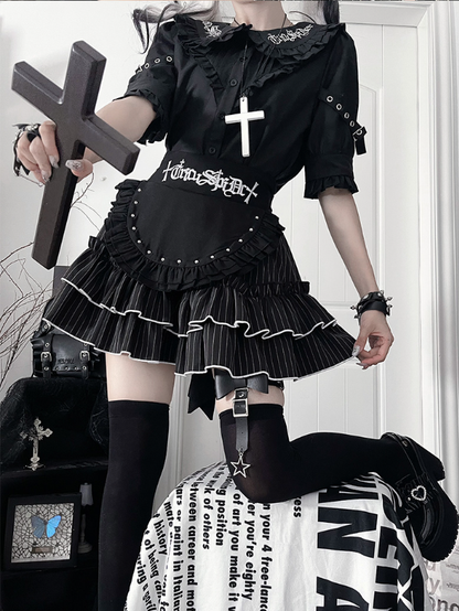 Collar Black Short Pan Buckle Gothic Blousewith StrapsRuffled Sleeve Peter