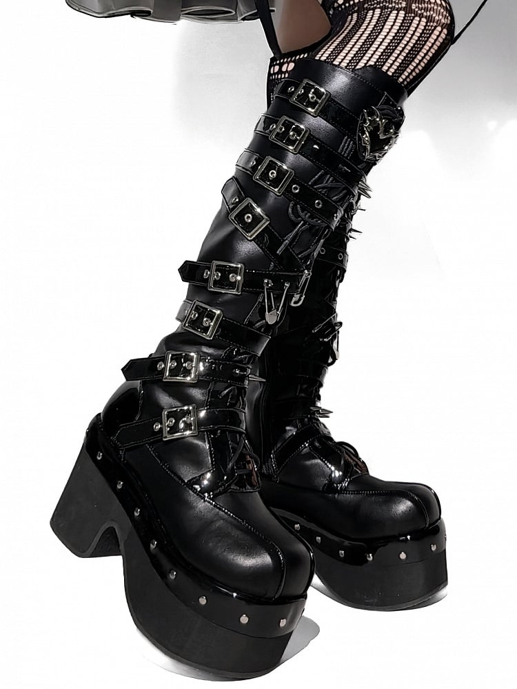Buckle Platform Boots - Knee-High Punk High-heel PU