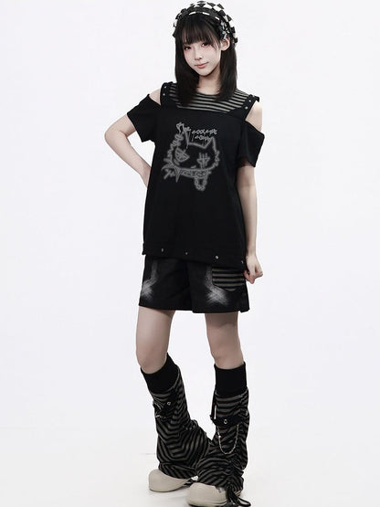Black Striped Cutout Shoulder Short Sleeve Tee with Cat Graffiti - PINK SAVIOR