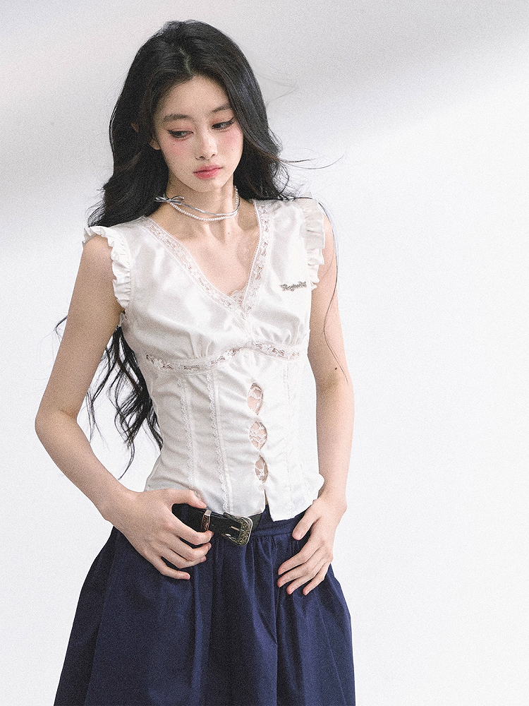 Lace White V-neck Cutout Details Patches Flutter Sleeves Top