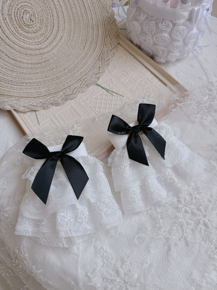 Pink/White/Black Bow Wrist Three-layered Cuffs Lace