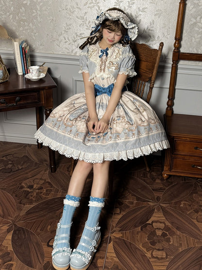 Blaues Lolita-Kleid mit Rüschen und Rundhalsausschnitt, Kätzchen- und Teddy-Print, Sweet Lolita OP