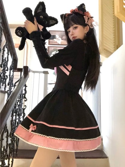 Schwarz-rosa Katzenohren Schleife Akzente Basken Taille Süßes Kleid Lolita Pullover Rock