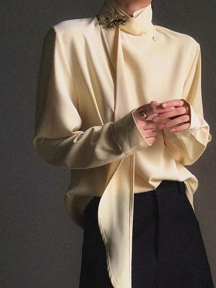 Yellow with Neck Prince Flowing Design Ouji Shirt Ribbon Mock - Accents