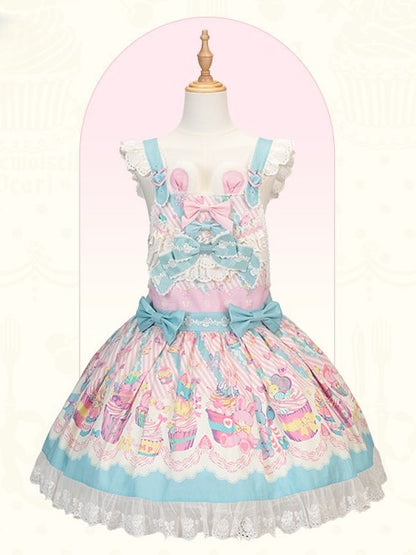 Cupcake Blue Pink and Dress Lolita Overall Sweet Print Bunny