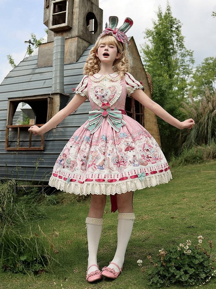Pink & Green Alice Cat Vibes Heart-shaped Patch Sweet Lolita Dress with Apron Belt - Mewroco
