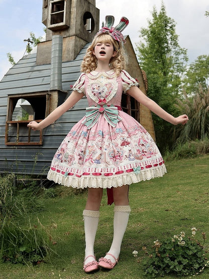 Pink & Green Alice Cat Vibes Heart-shaped Patch Sweet Lolita Dress with Apron Belt - Mewroco