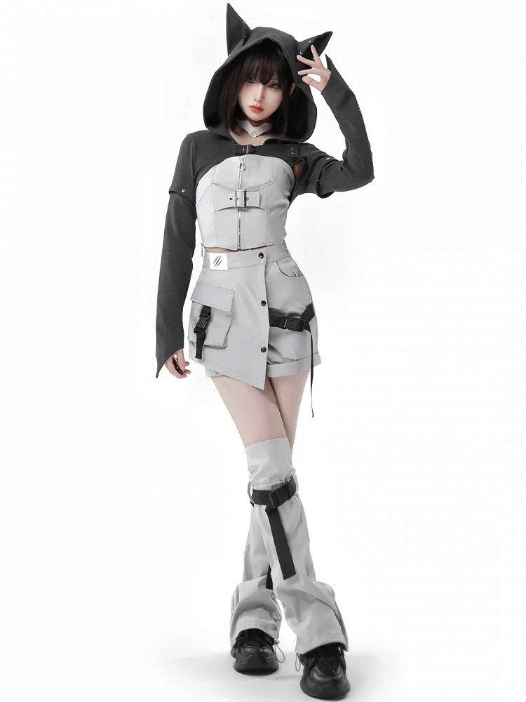 Dark Gray Wolf Ear Hooded Crop Top - PINK SAVIOR