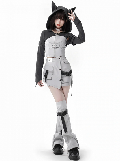 Dark Gray Wolf Ear Hooded Crop Top - PINK SAVIOR