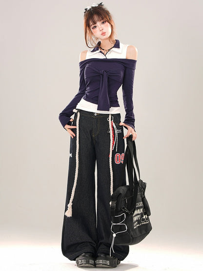 Marineblaues Patchwork-Top mit Krawattenakzent und Cut-Out-Schulter