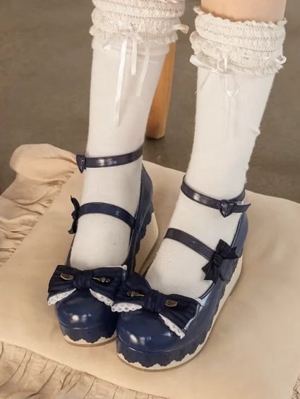 Blue Trim Striped Platforms Lace Top PU Lolita Scalloped Bow Hem with - Navy