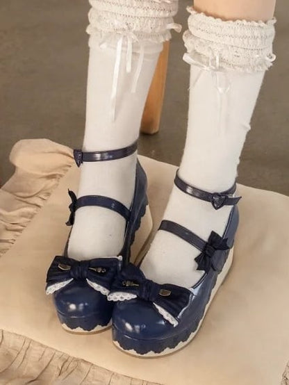 Blue Trim Striped Platforms Lace Top PU Lolita Scalloped Bow Hem with - Navy