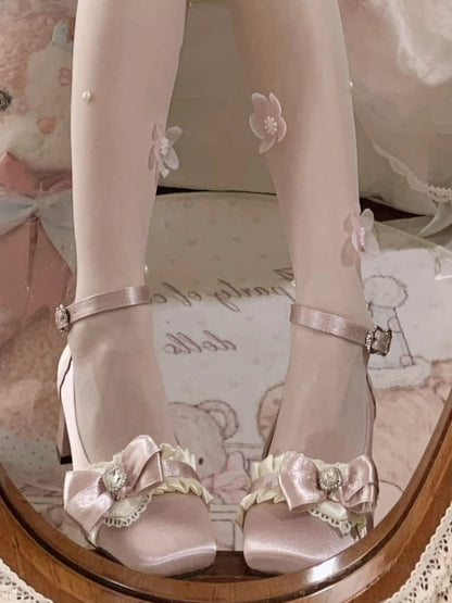 Gather Construction Details Lolita Mid Square Ankle Sweet Strap with - Pink Heels Toe Satin