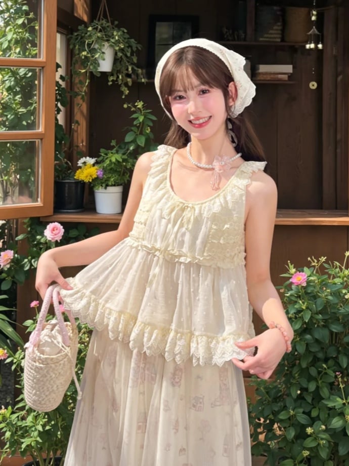 セルフタイタンクトップ リボンレーストリム エレガント ベージュ テ​​ィアード