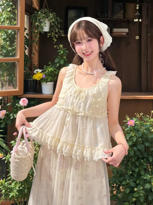 セルフタイタンクトップ リボンレーストリム エレガント ベージュ テ​​ィアード