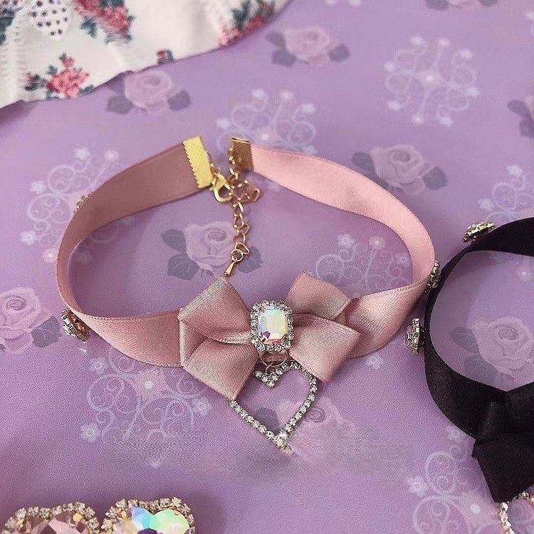 Choker with Rhinestone Black/Pink Pendant Heart Bow