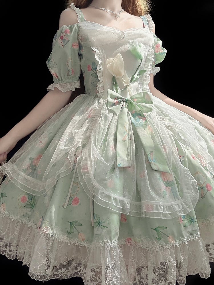 Green Elegant Tulip with Off-Shoulder Drawsting Tulle Overlay Print Lolita Dress