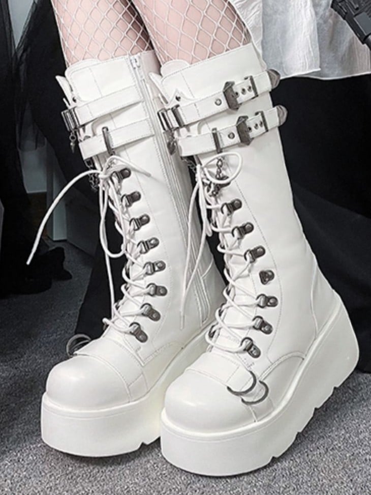 Boots Gothic Buckle Platform PU Accents - White Knee-High